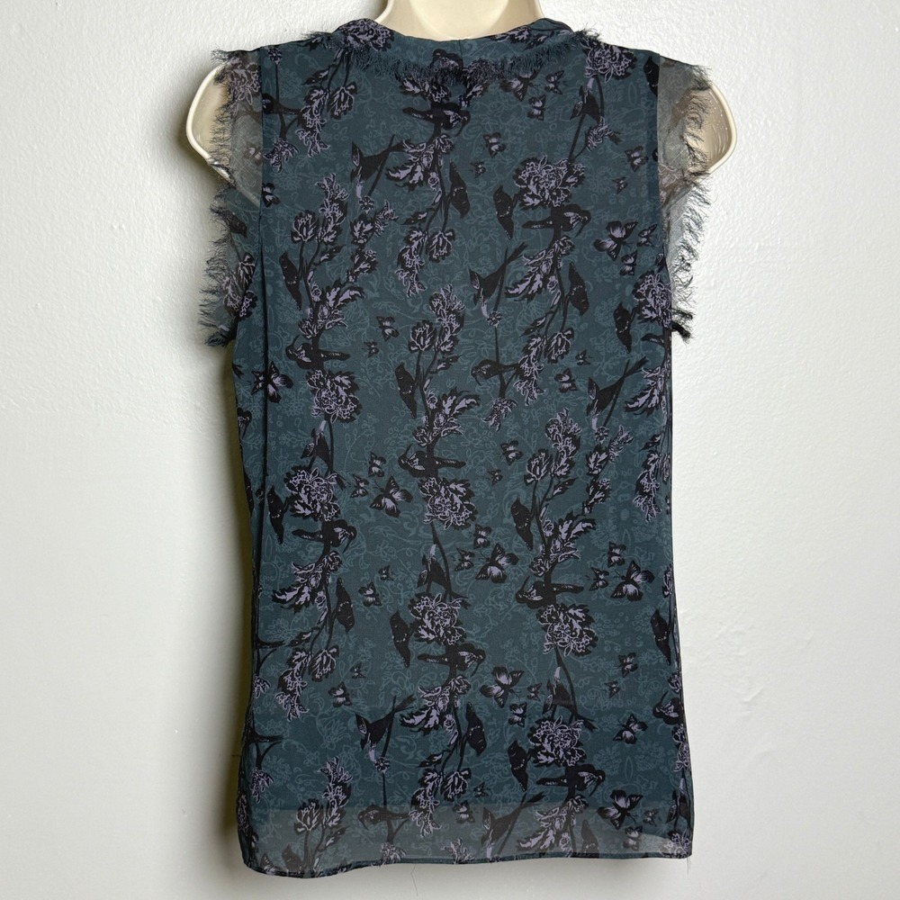 Cabi Womens Blouse XS Blue Floral Bird Fringe Hem Office Career Sheer‎ Lined - Picture 2 of 9